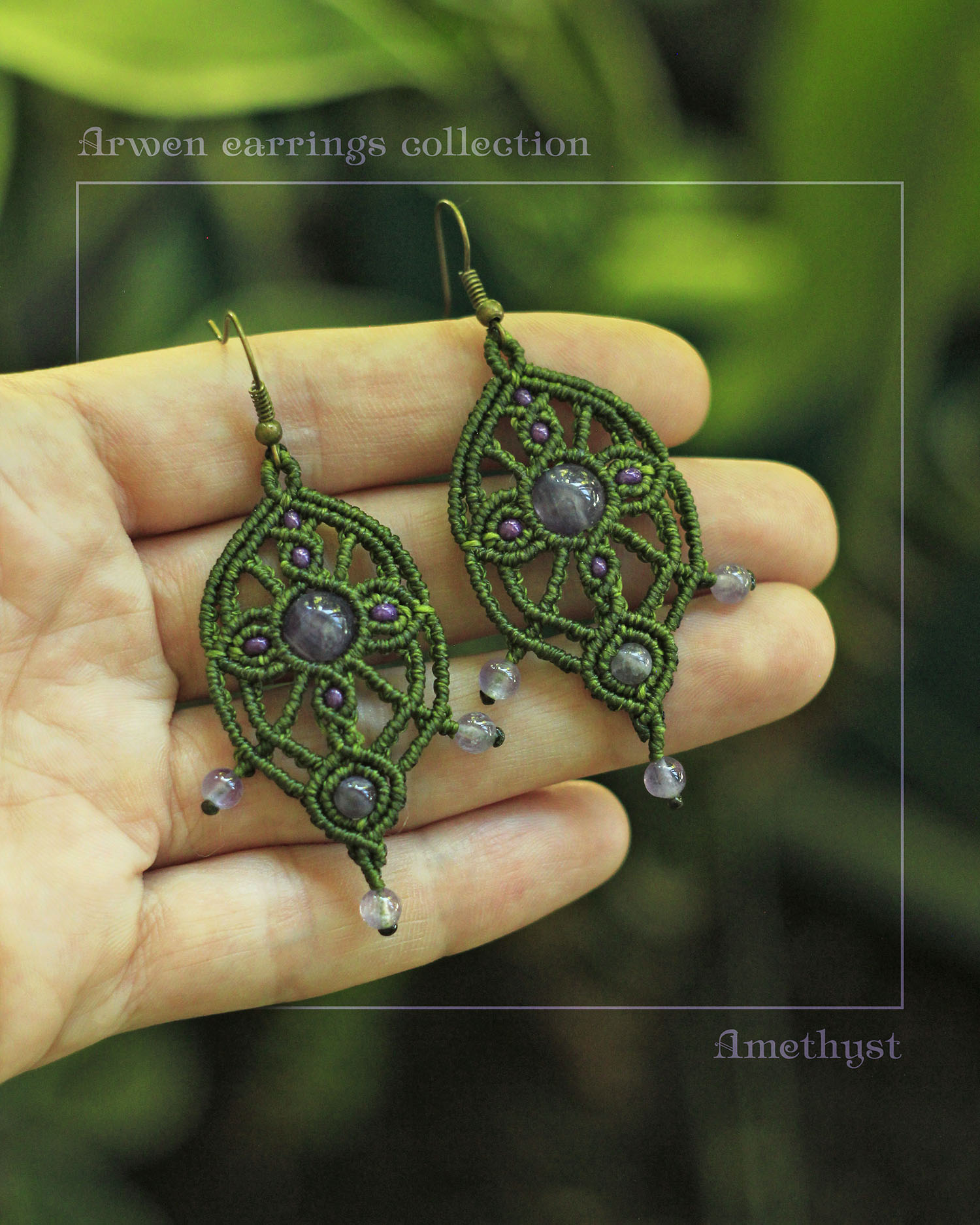Tusitalka_macrame earrings_Arwen collection_green_amethyst 5