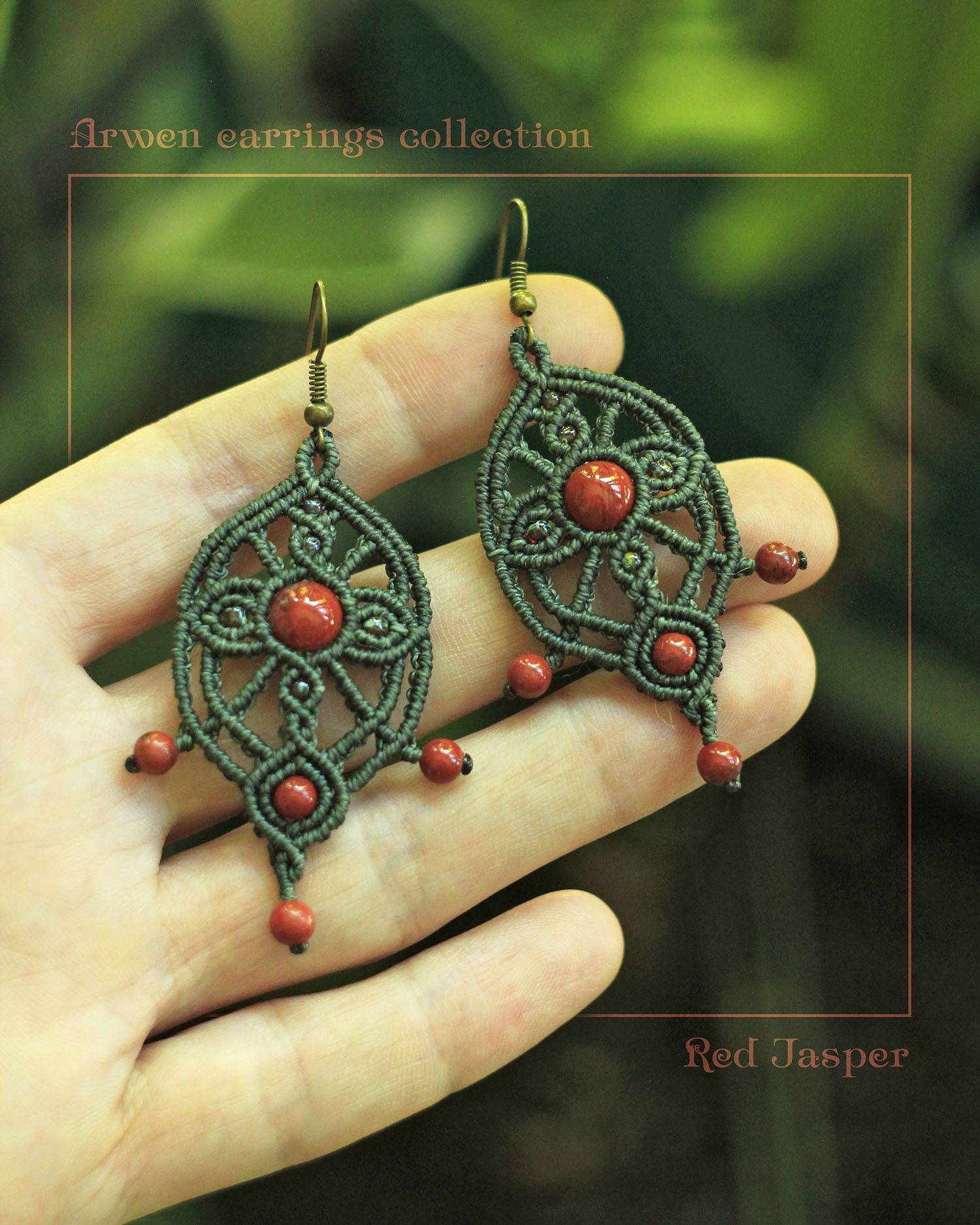 Tusitalka_macrame earrings_Arwen collection_moss green_red jasper 1