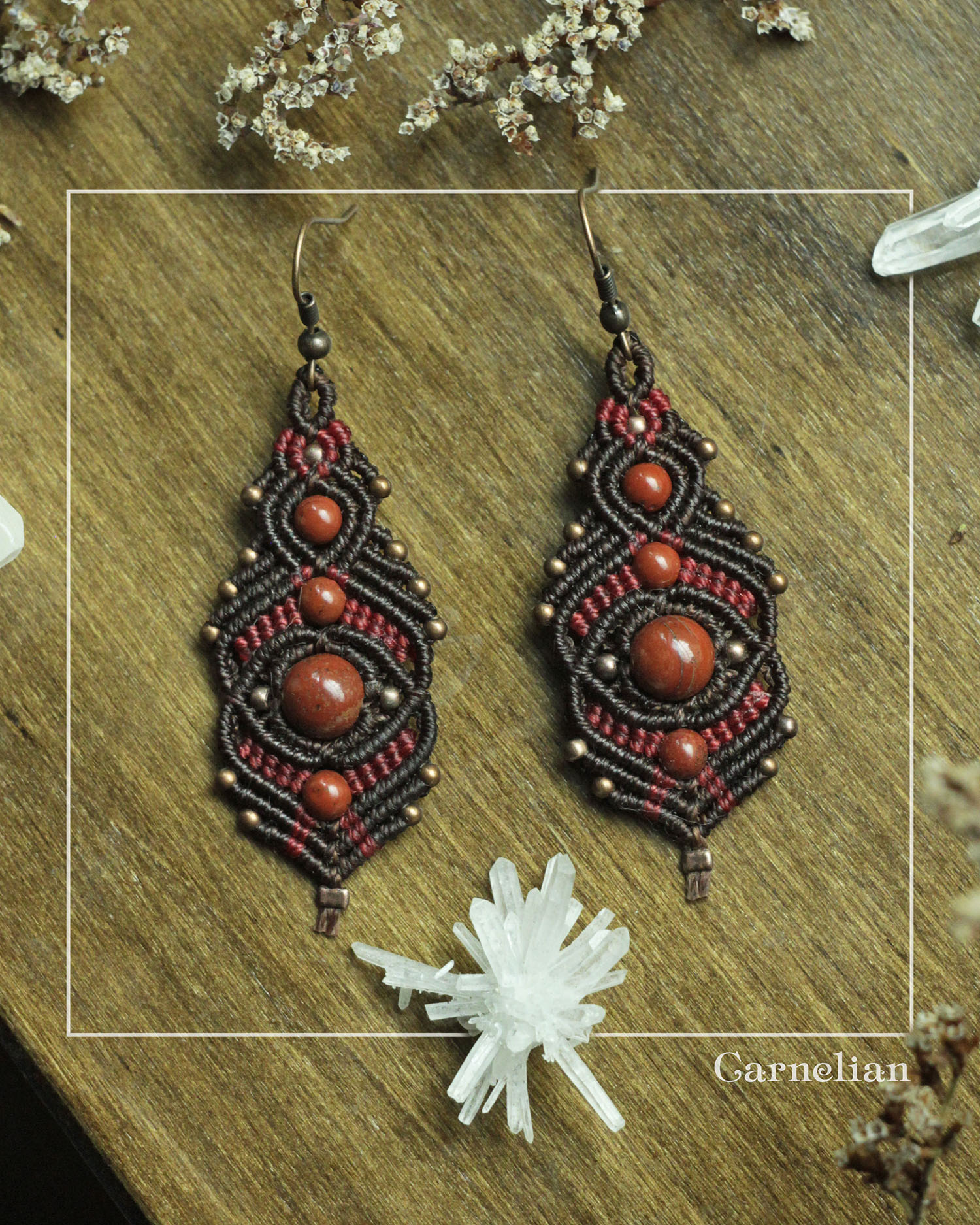 Tusitalka_macrame earrings_birds eye_brown-red_red jasper 2