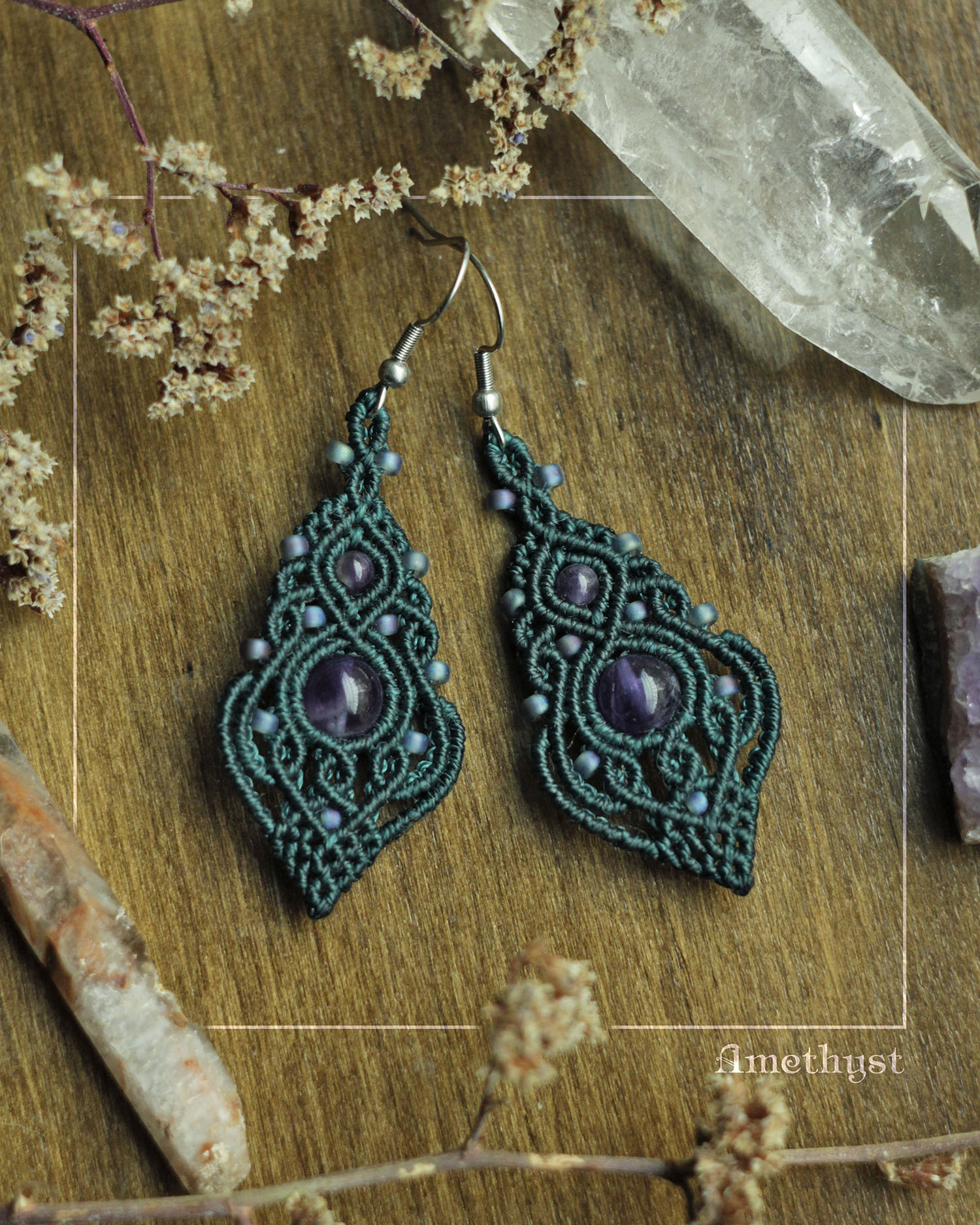 Tusitalka_macrame earrings_narya_teal_amethyst 1