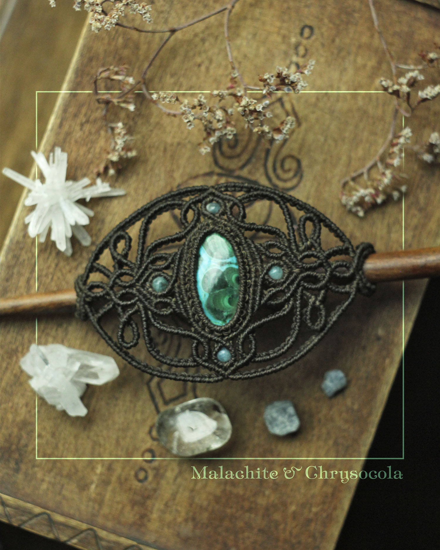 Tusitalka_macrame hair accessoire_dark brown-green_malachite-chrysocola 1