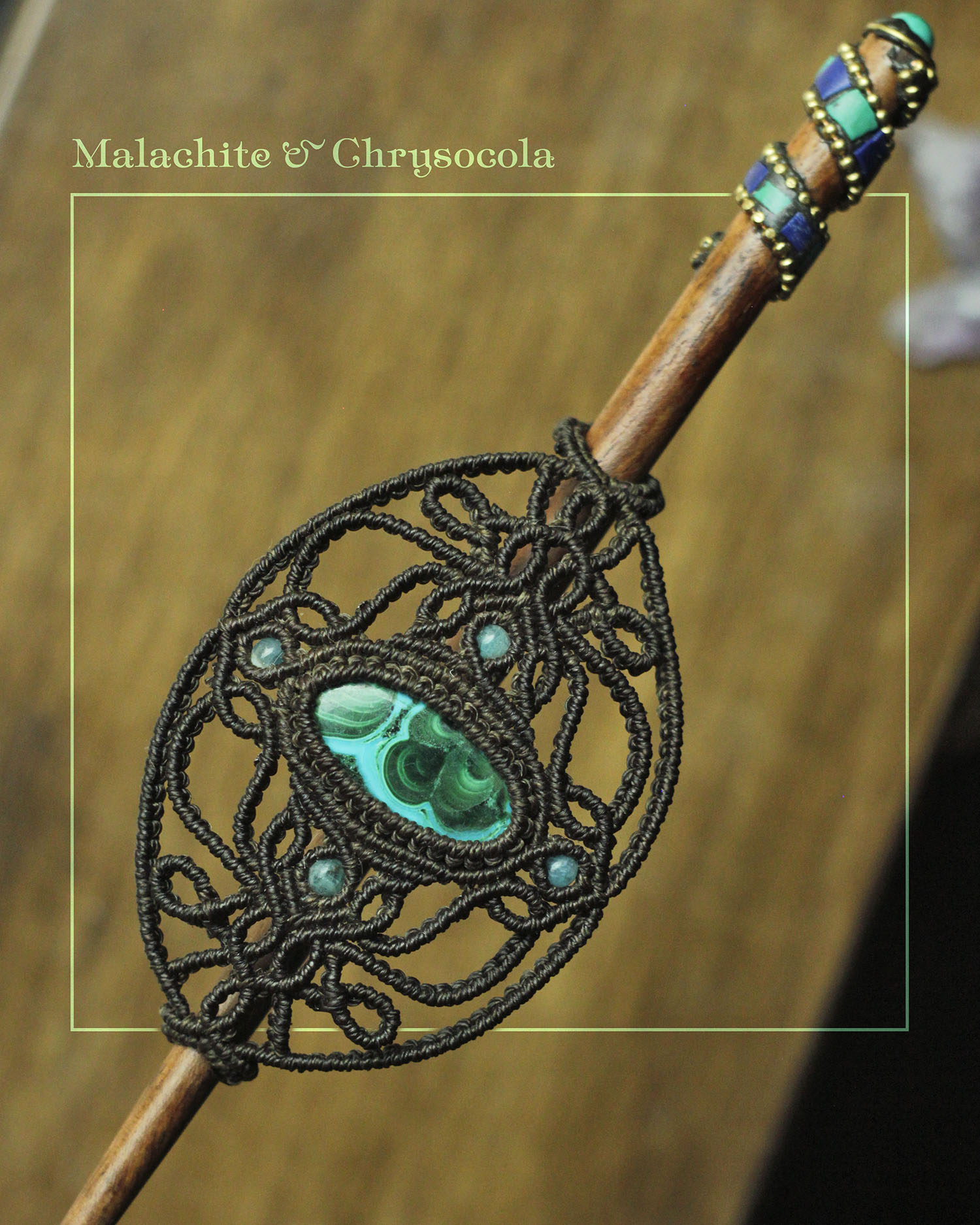 Tusitalka_macrame hair accessoire_dark brown-green_malachite-chrysocola 2