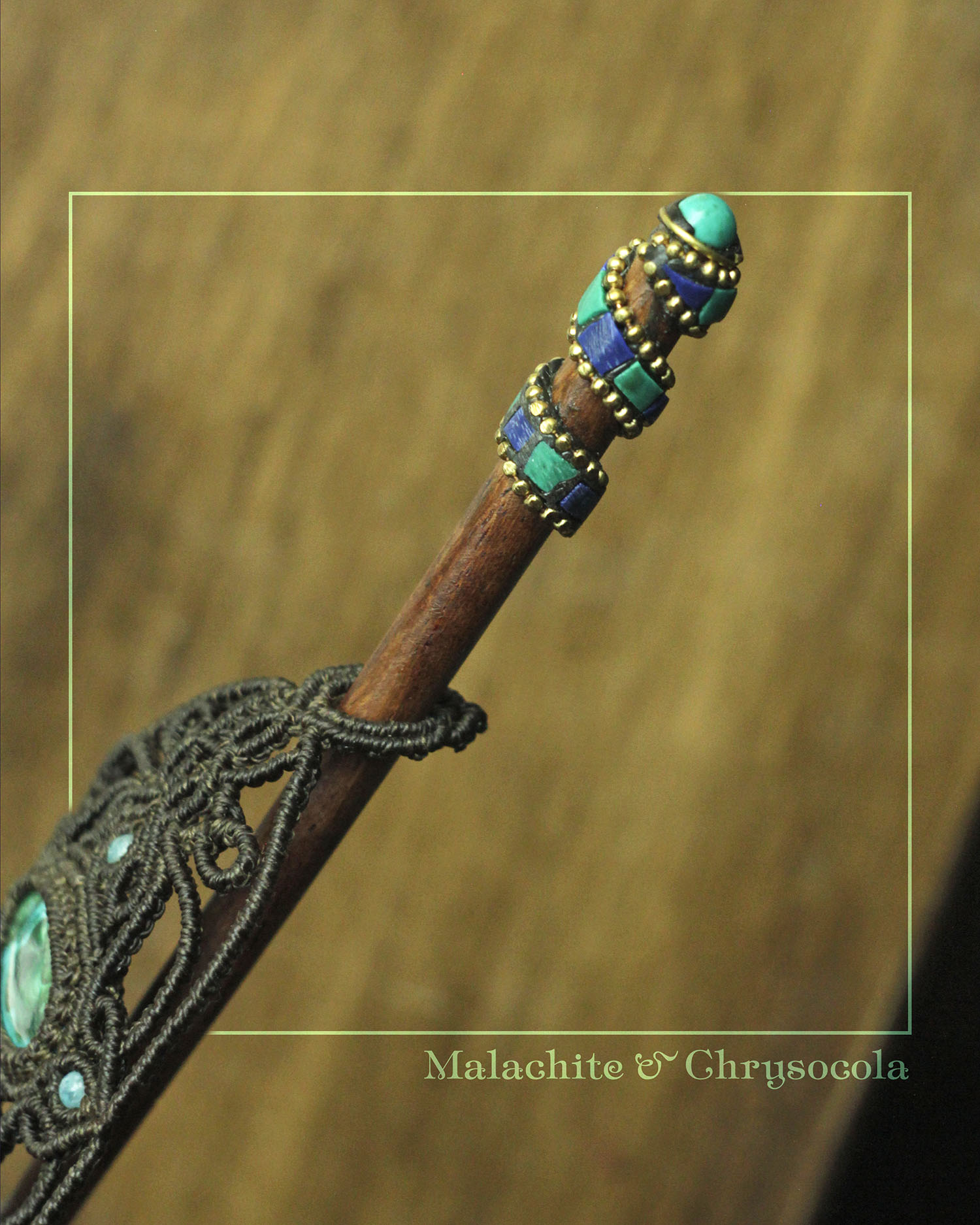 Tusitalka_macrame hair accessoire_dark brown-green_malachite-chrysocola 3