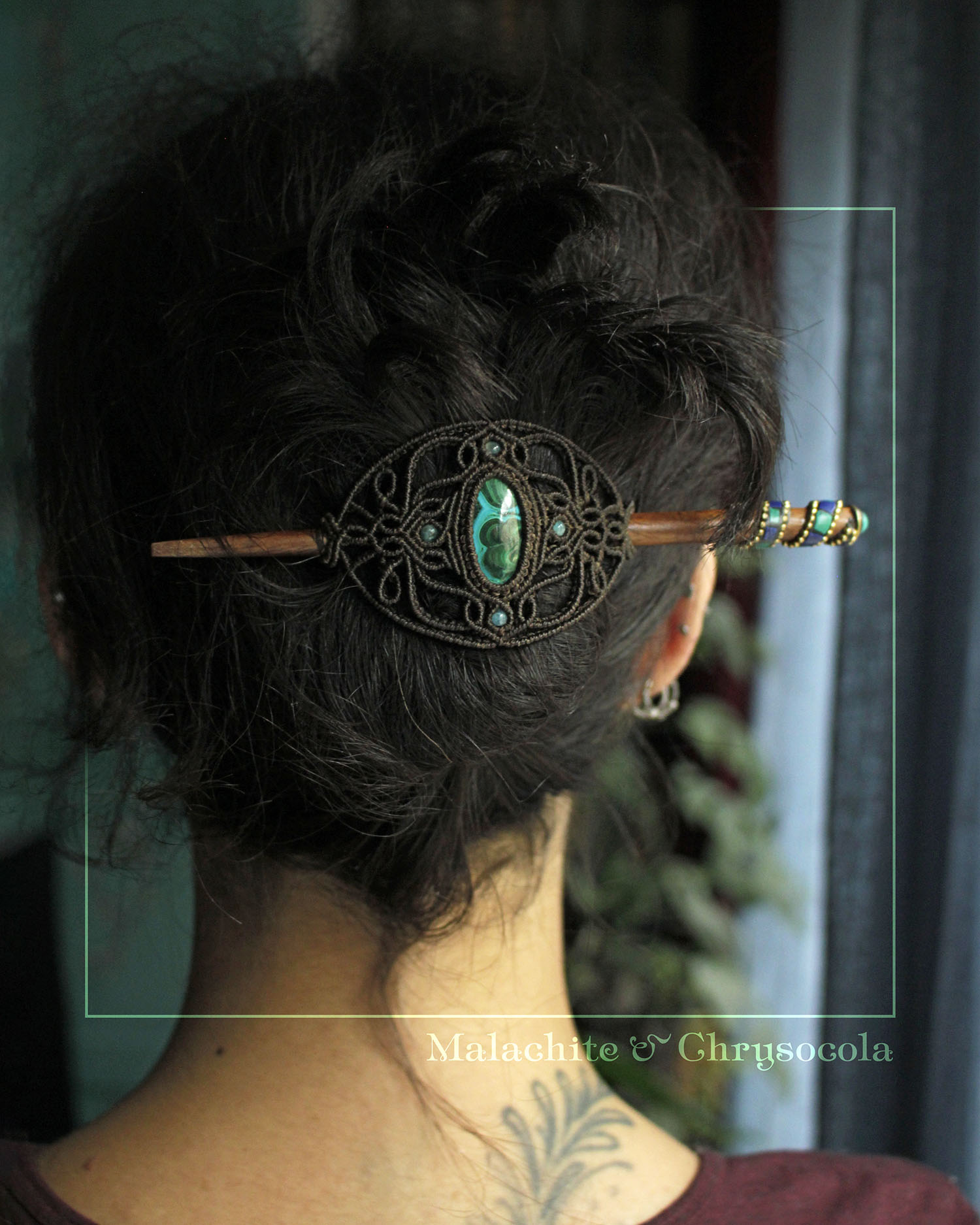 Tusitalka_macrame hair accessoire_dark brown-green_malachite-chrysocola 4