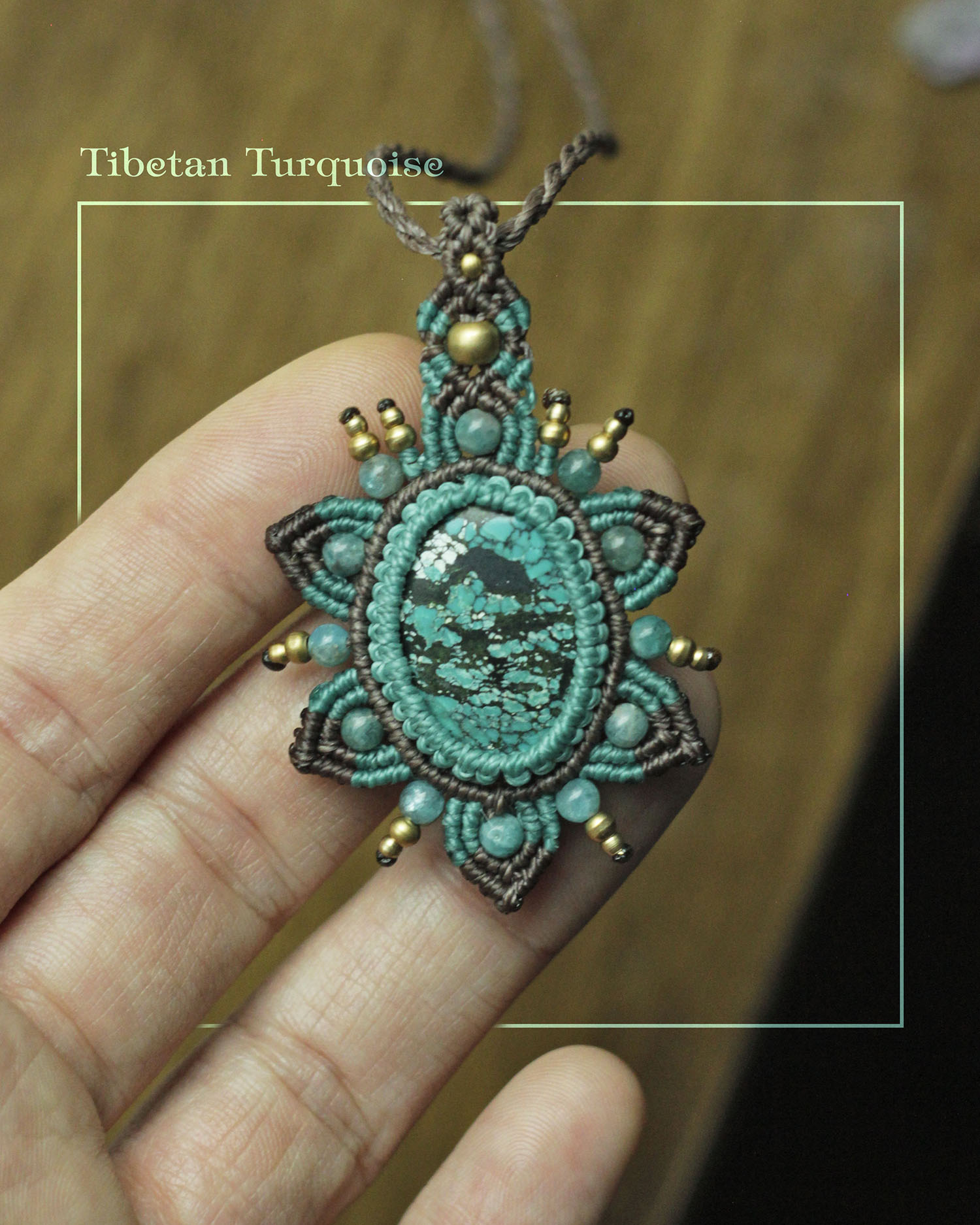 Tusitalka_macrame pendant_light blue-brown_tibetian turquoise-apatite_flower 1