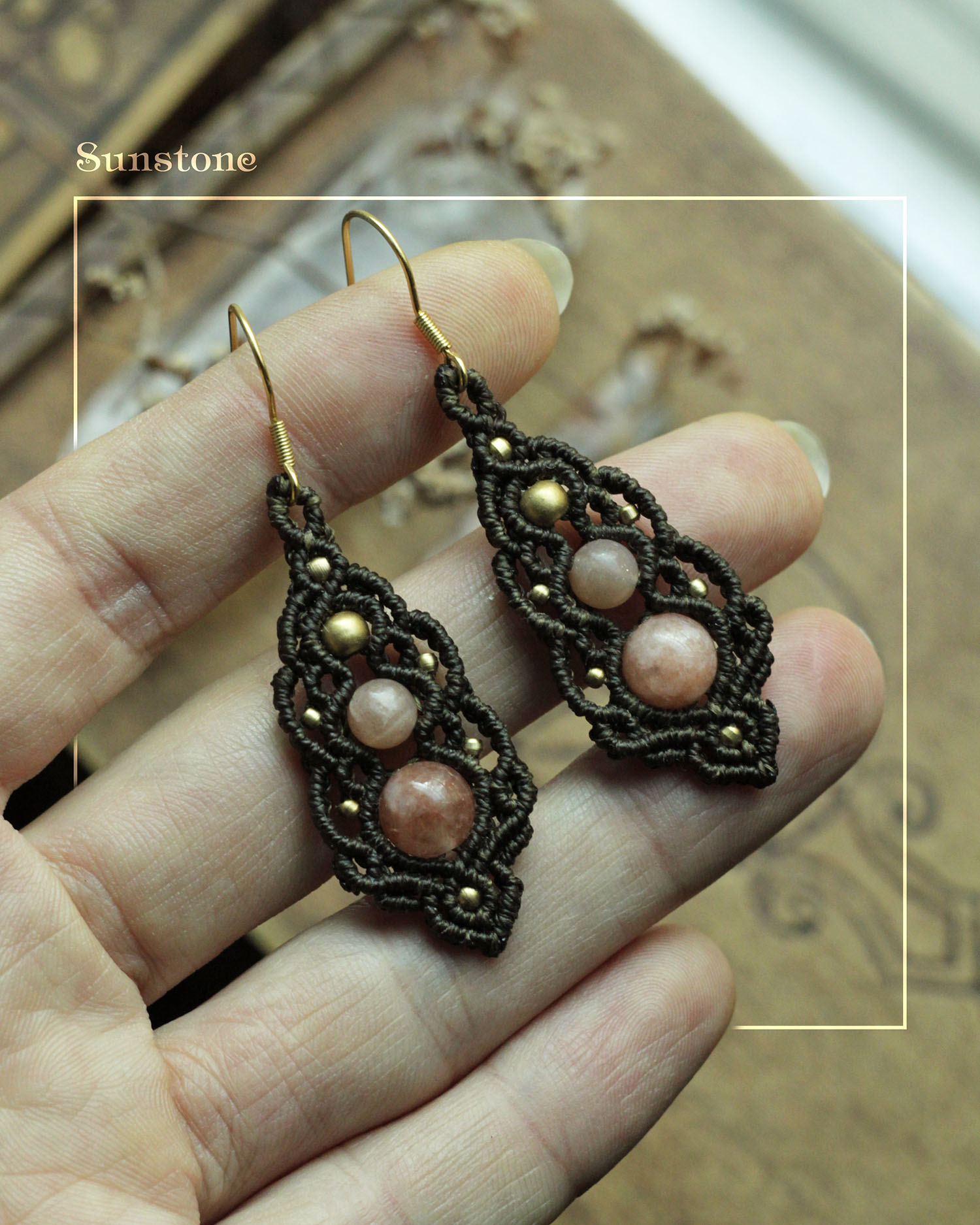 Tusitalka_macrame earrings_dark brown_sunstone 2