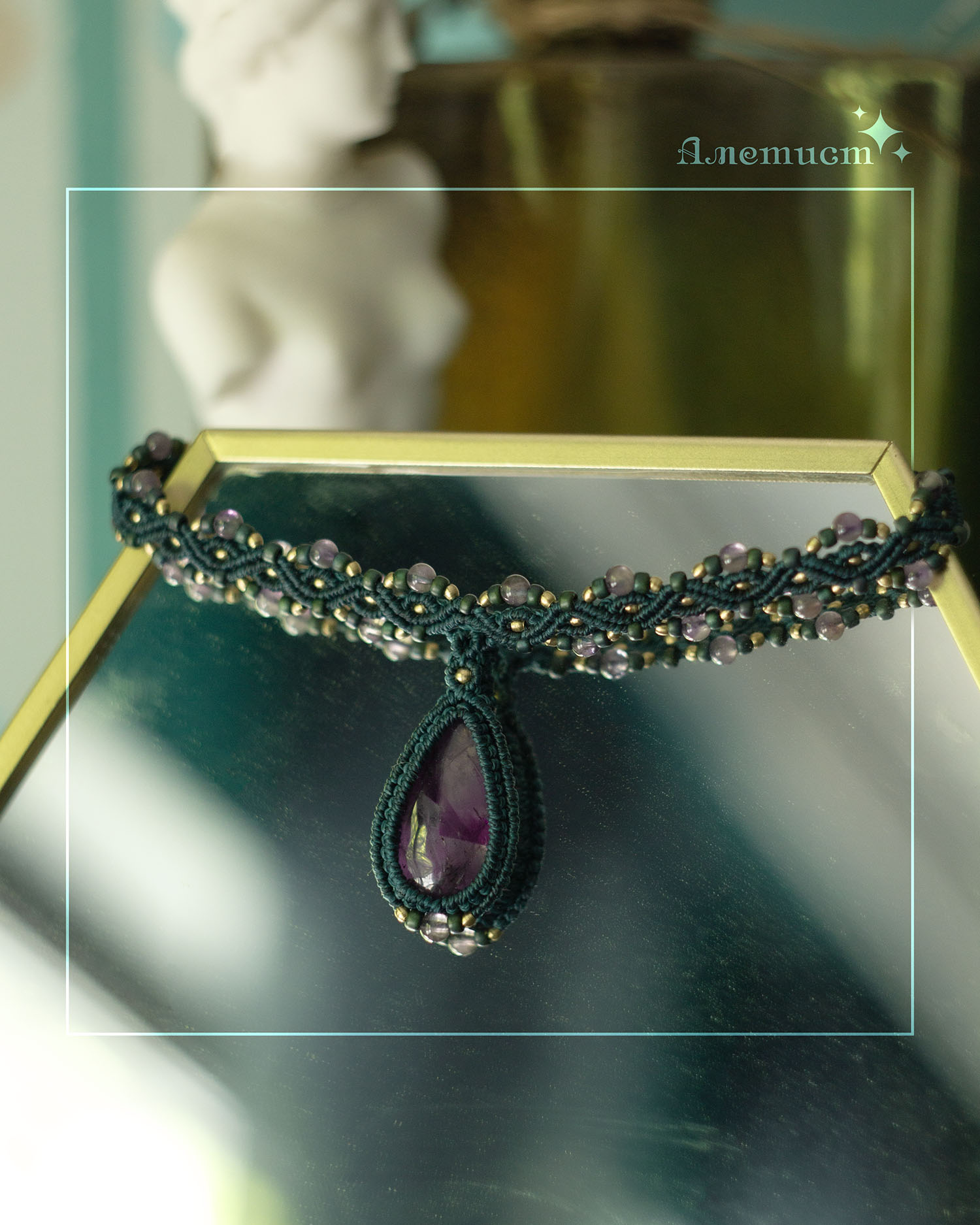 Tusitalka_macrame_choker_teal_amethyst 3